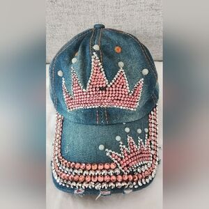 Womens Embellished Denim Cap with Pink Rhinestones
